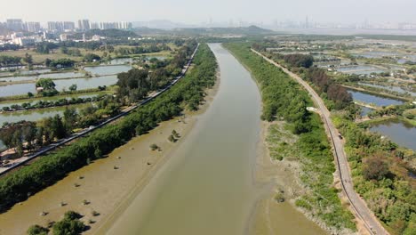 Mai-Po-Nature-Reserve-and-wetlands,-Hong-Kong,-Aerial-view