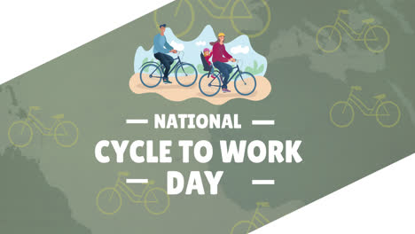 animation of national cycle to work day text with bicycle icons on green background