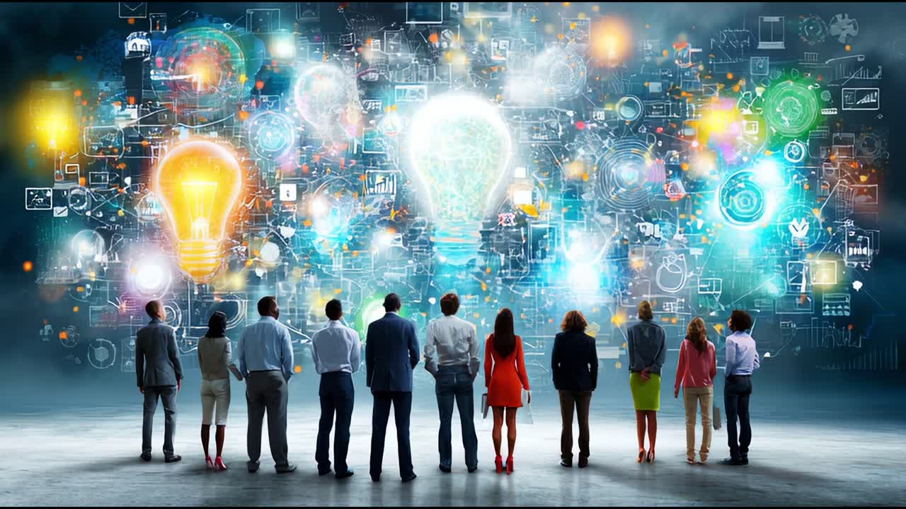 A Group of Professionals Engaging with Innovative Ideas and Concepts, Surrounded by Colorful Visualizations of Light Bulbs, Graphs, and Digital Symbols Representing Creativity and Inspiration