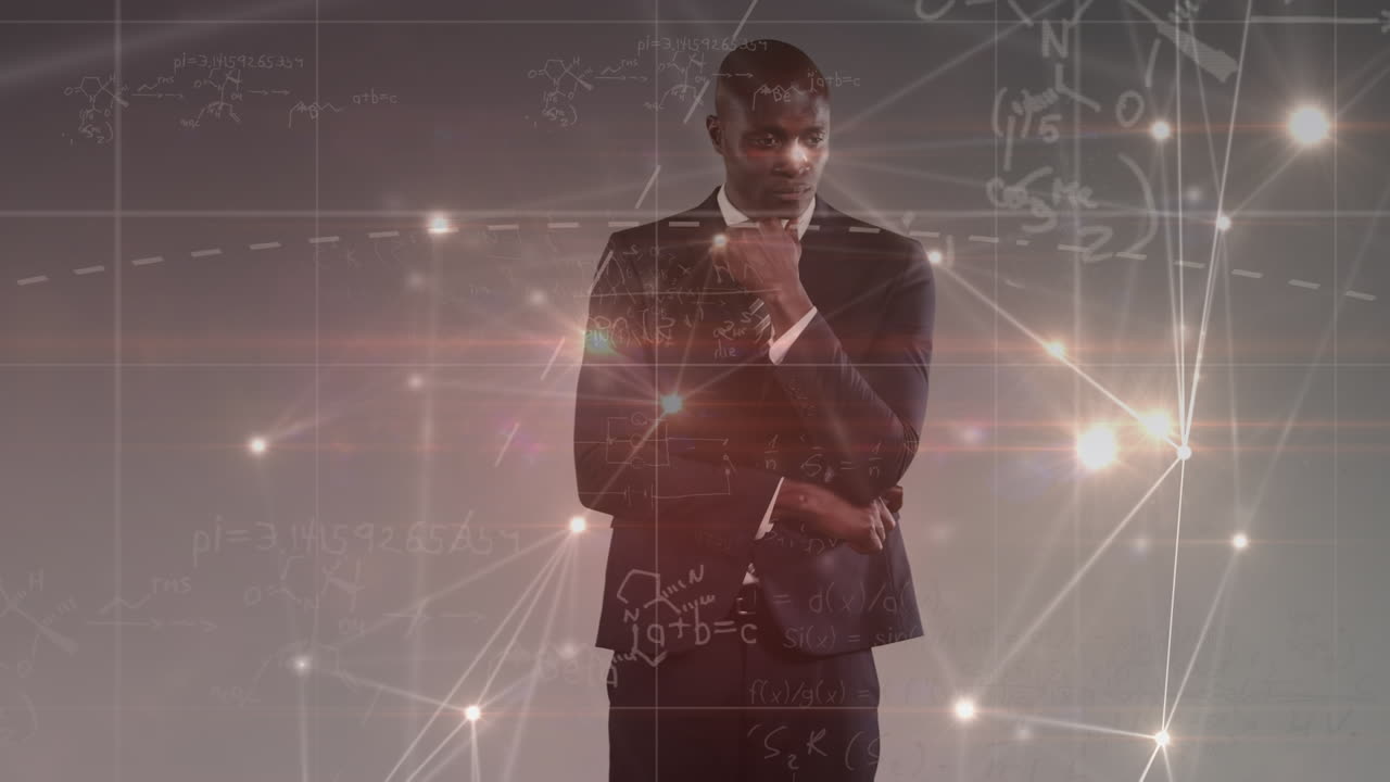 Animation of network of connections with glowing spots over african american businessman