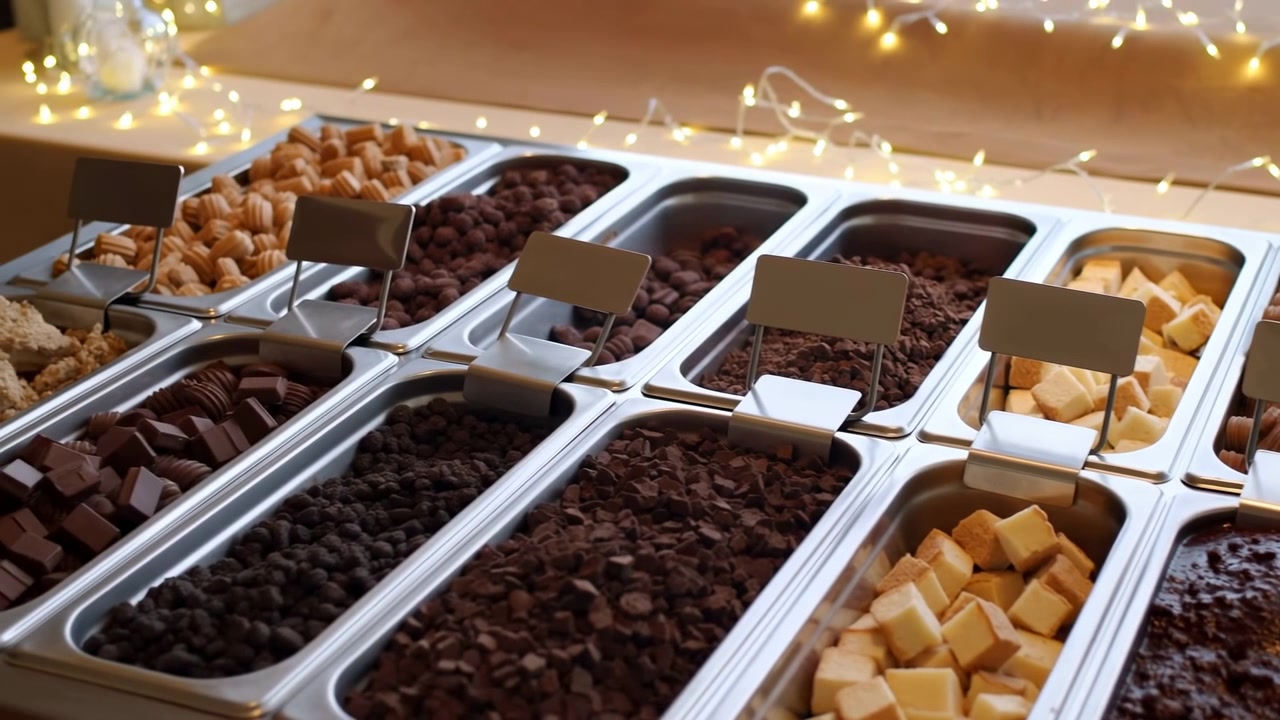 Camera moves left along an organized confectionery topping bar with open metal trays, blank label holders, varied dark and golden textures, and softly glowing decorative lights in background.