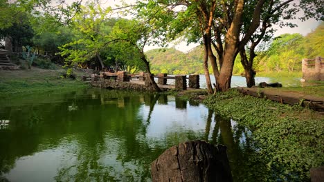 一群人在阿根廷风景优美的绿湖上穿过小桥