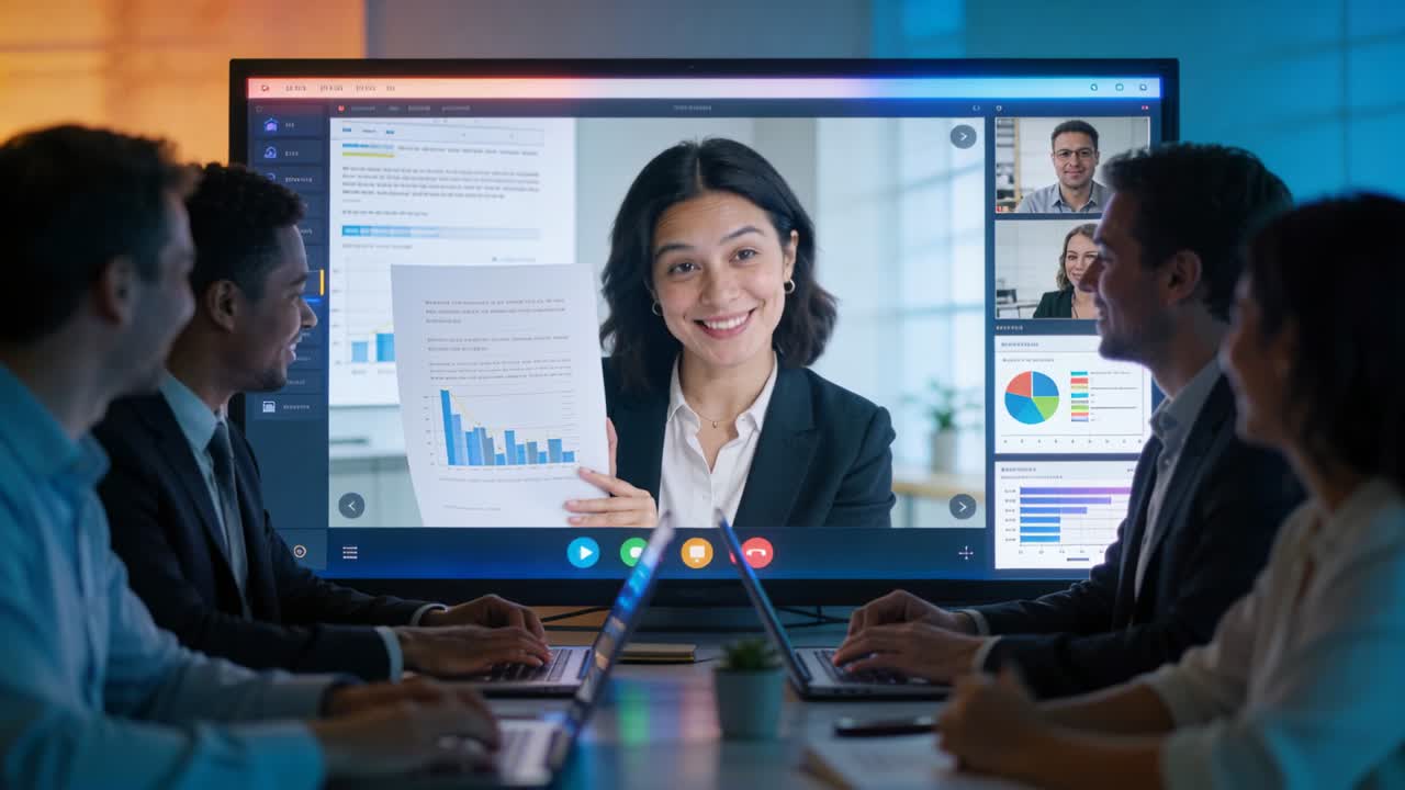 Remote presenter rotating bar chart, team pointing and typing on laptops, analyzing business data