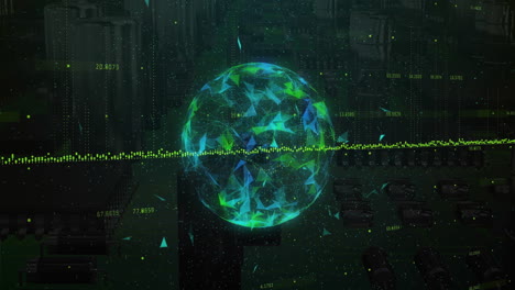 Digital globe with geometric patterns and data processing animation over cityscape