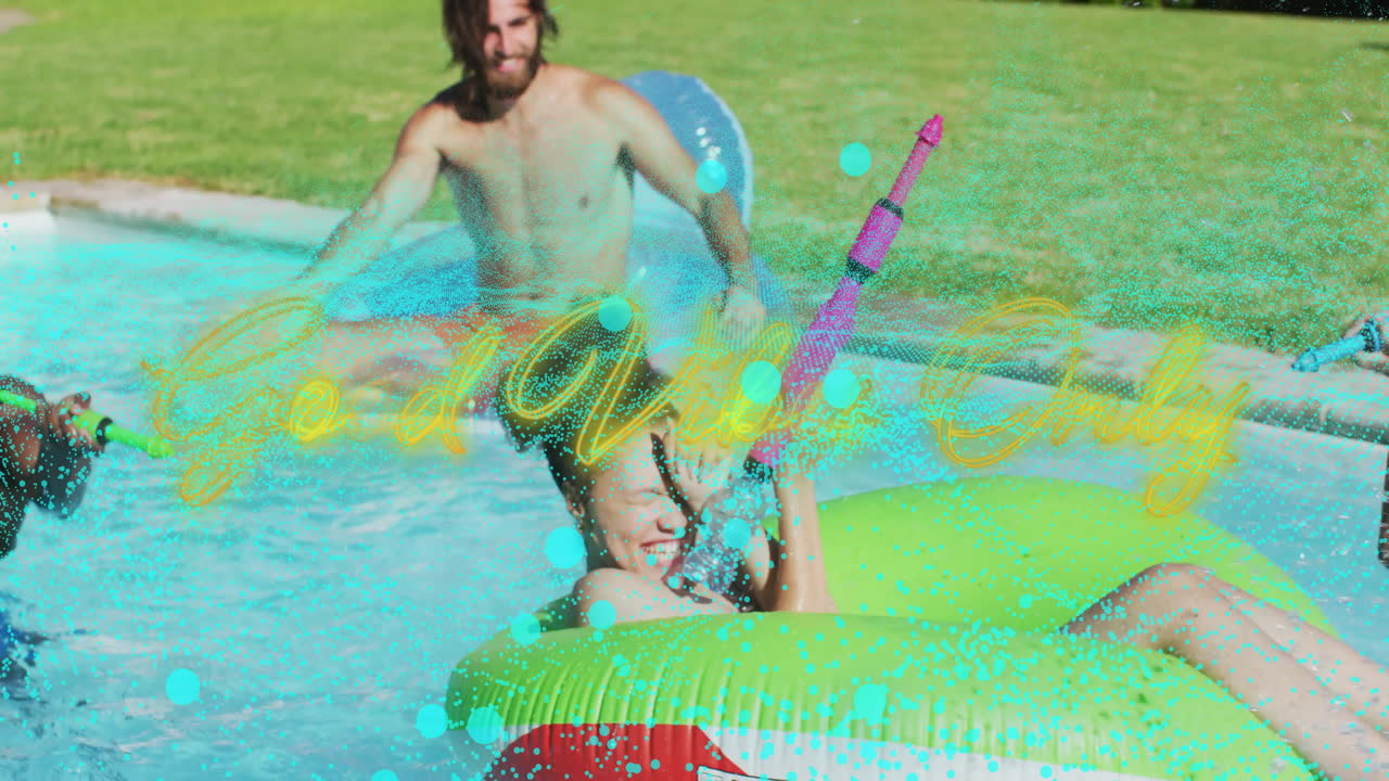 Playing with water gun, child in pool with adult watching, summer animation