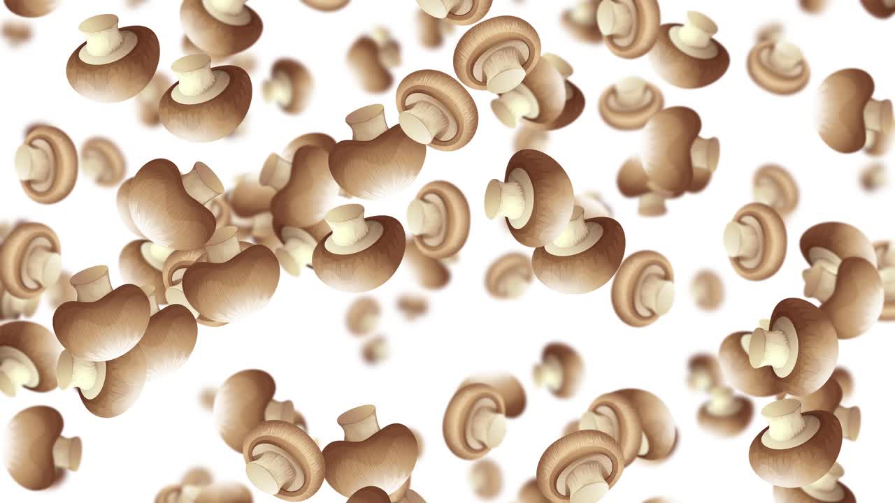 Looping 3D brown button mushrooms fall and rotate against bright white seamless background