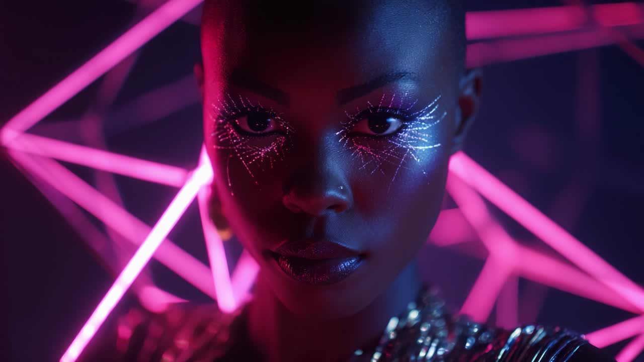 A Stunning Portrait Featuring a Striking Individual with Bold Eye Makeup and Vibrant Neon Lighting, Captured in an Artistic Environment with Geometric Shapes and a Futuristic Aura