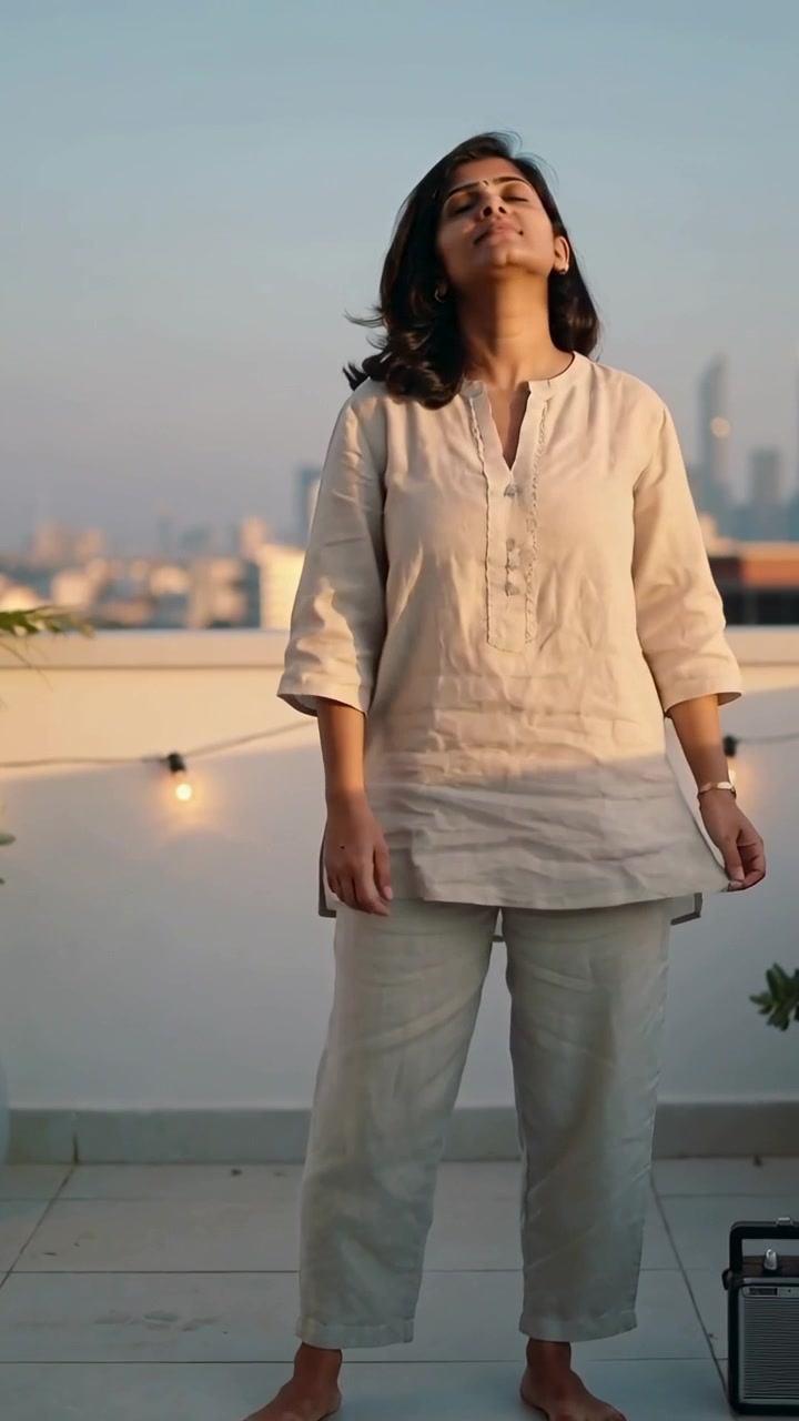 Video verticale: Donna in piedi in kurta che sente il sole inclinando la testa, respirando sul tetto illuminato, altoparlante