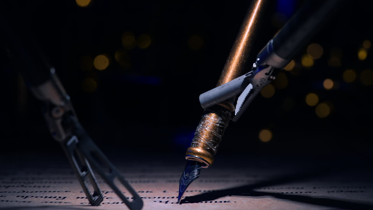 Surgical robot arms hold an old-fashioned writing pen. Macro shot. Da Vinci equipment demonstrating precise accurate work .