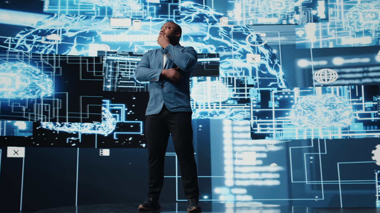 Black male specialist engaged in AI research interacting with data structures