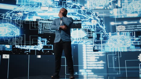 black male specialist engaged in ai research interacting with data structures