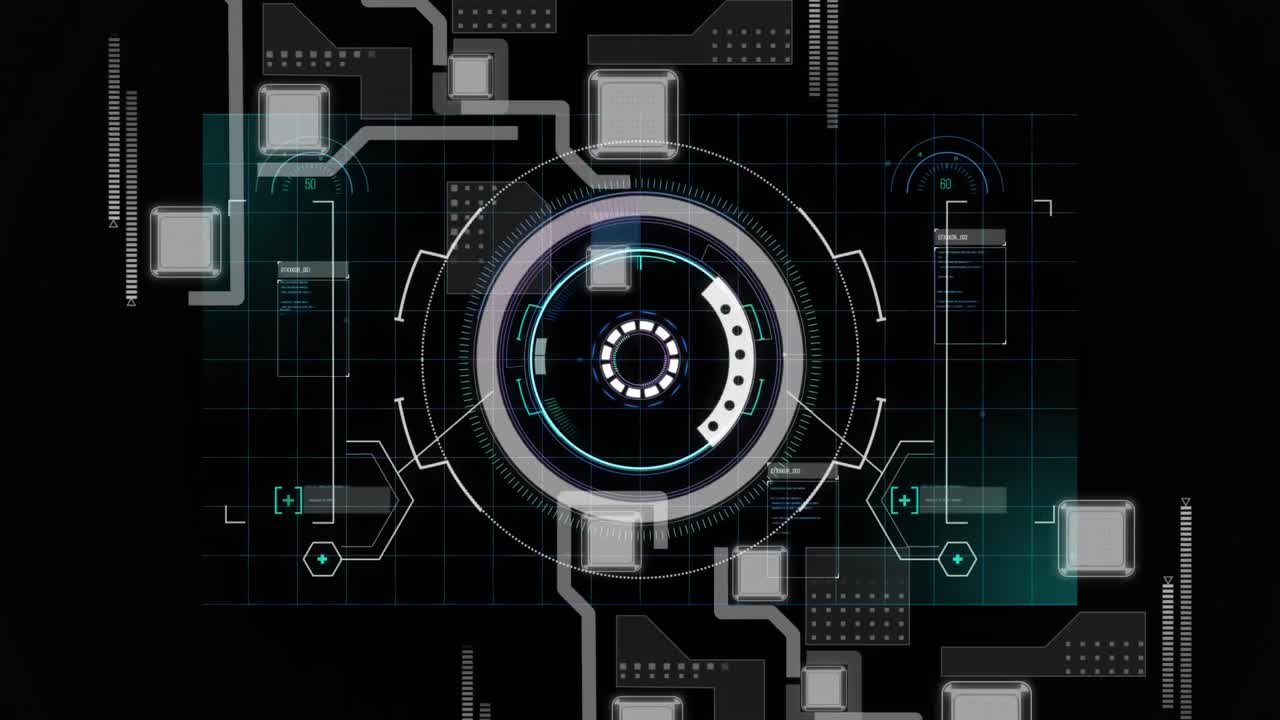 Animation of scope scanning and network of connections over black background