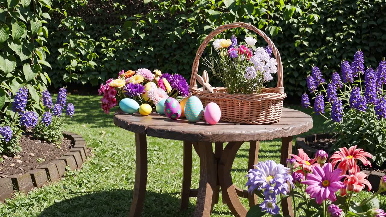 Vibrant spring garden setting featuring colorful decorated easter eggs nestled near blossoming flower basket resting on wooden table amid blooming landscape