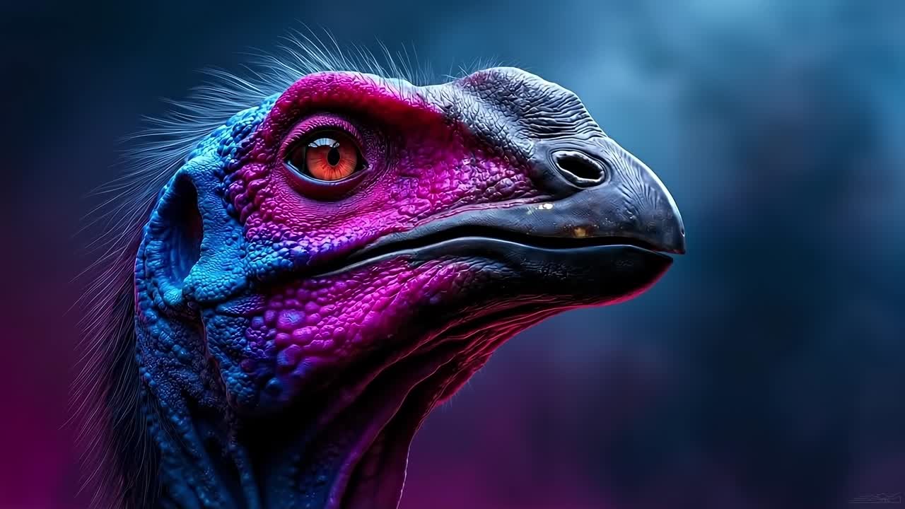 A close up of a bird with a pink and blue head