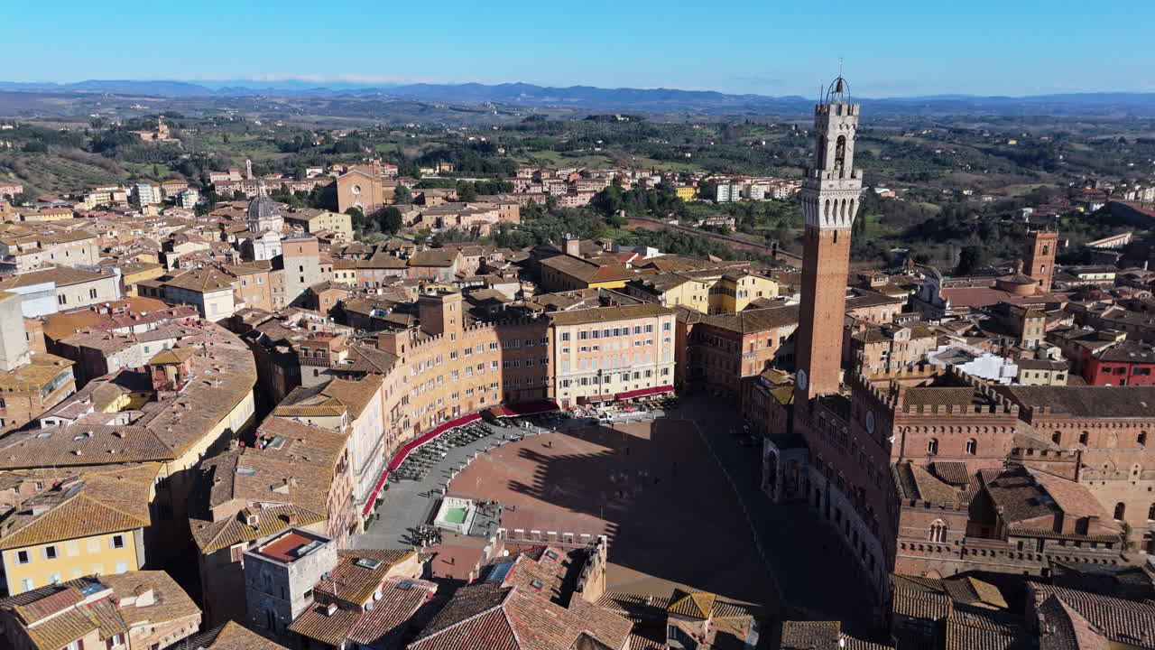 Piazza del campo, siena, italy, showing medieval buildings and towers, aerial view
