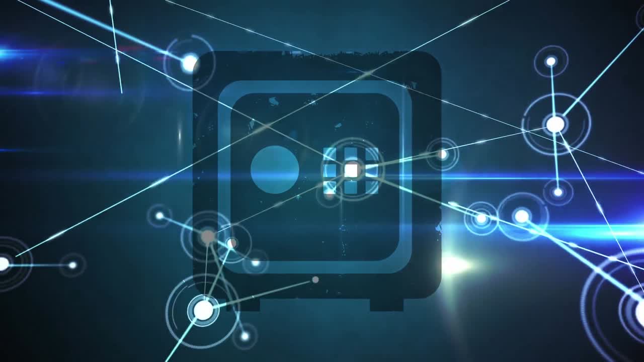 animación digital de la red de conexiones sobre el icono de la bóveda de seguridad sobre fondo azul