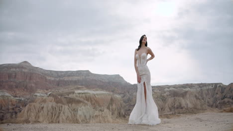 novia en un impresionante vestido de novia en medio de un hermoso paisaje