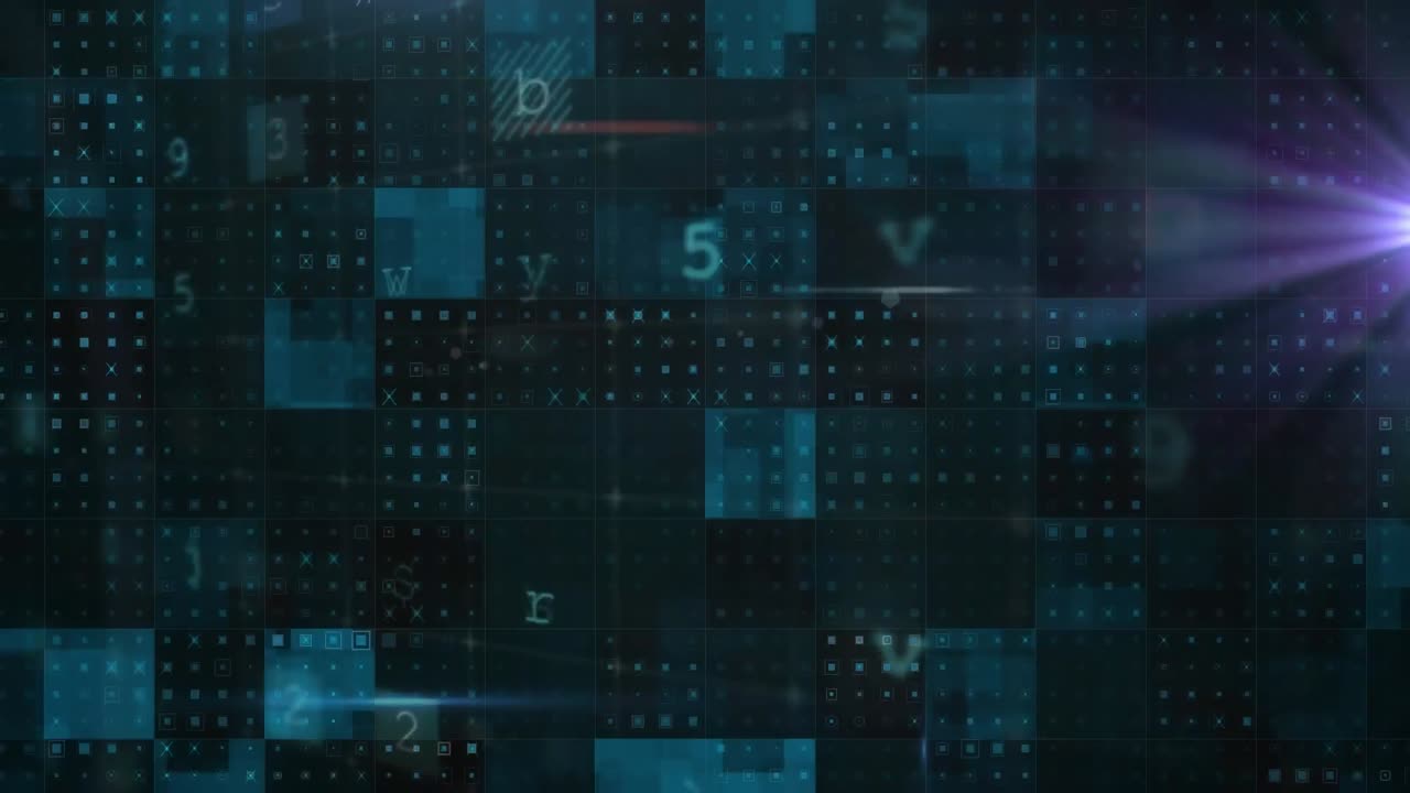 Animation of security warning texts over lights and blue grid of squares processing data on black