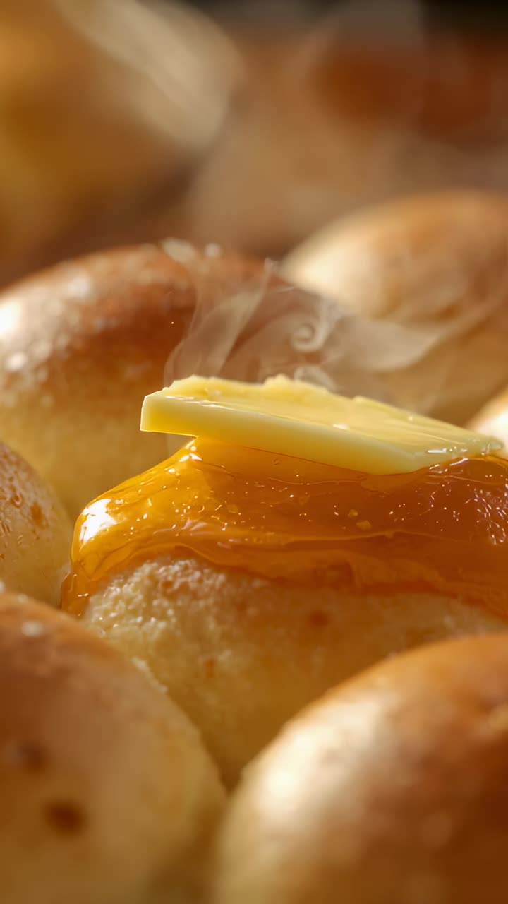 Vertical video: Showing hot golden roll releasing steam melting butter into orange jam from oven