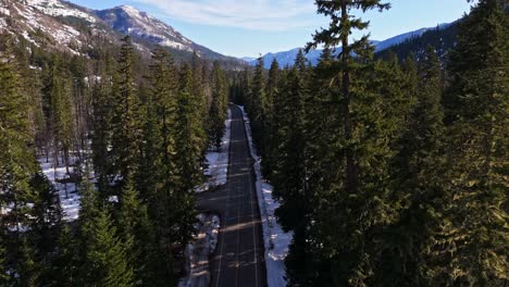 smooth motion forward shot above road moving through evergreen forest with mountains in the background in cle elum, washington state