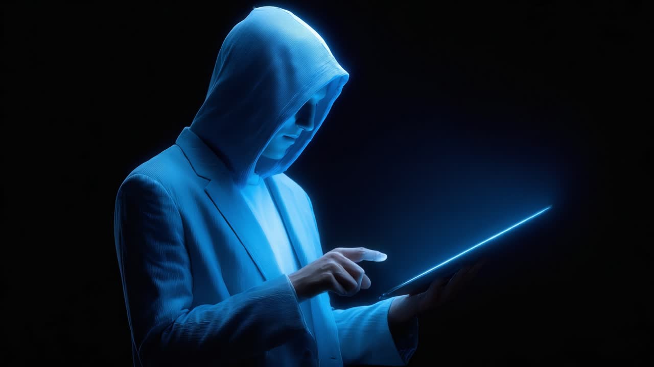 A Mysterious Figure in a Hooded Cloak Manipulating a Glowing Digital Tablet in a Dark Environment, Emanating an Air of Intrigue and Technology