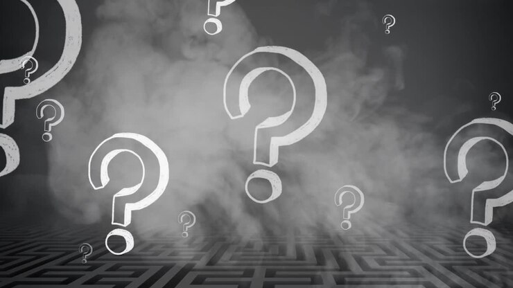 Animation of smoke and white question marks floating over grey maze