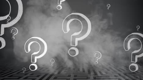 Animation-of-smoke-and-white-question-marks-floating-over-grey-maze