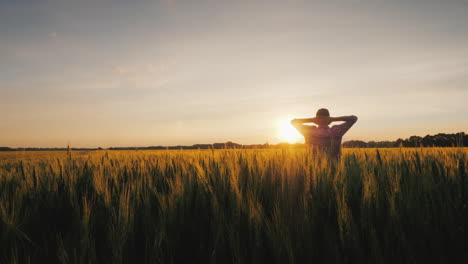 A-Successful-Farmer-Looks-At-His-Wheat-Field-At-Sunset