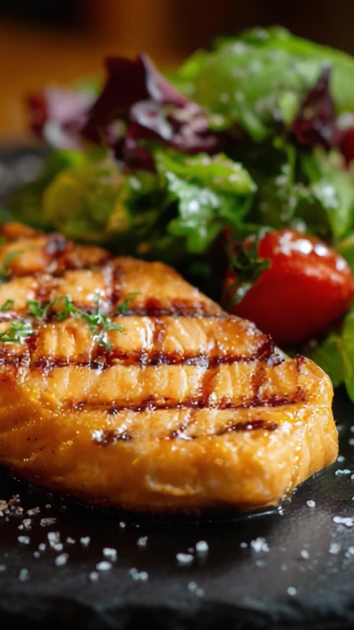 Filetto di salmone grigliato servito con insalata mista fresca e pomodorini su un piatto in pietra, perfetto per una cena gourmet o pasti sani
