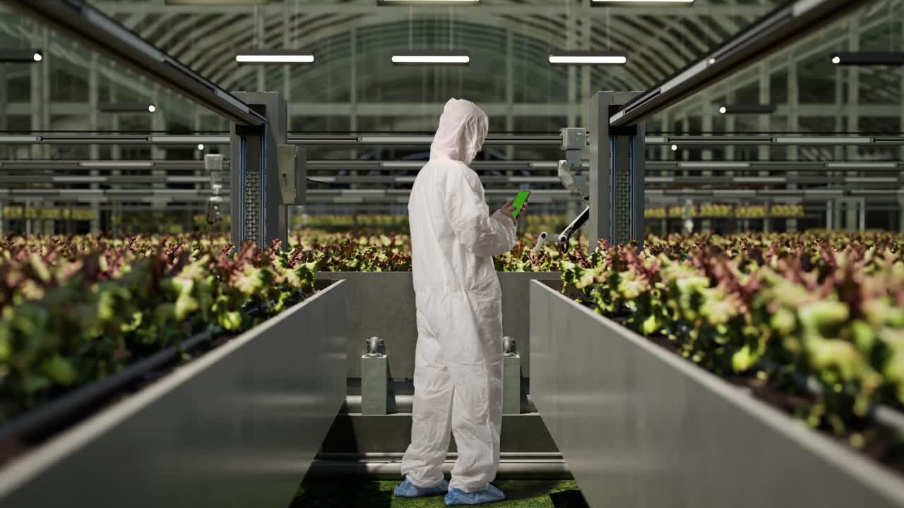 vista trasera completa del cuerpo de un hombre investigador usando un teléfono inteligente de pantalla verde y mirando a su alrededor mientras está de pie en el invernadero con agricultores robóticos inteligentes