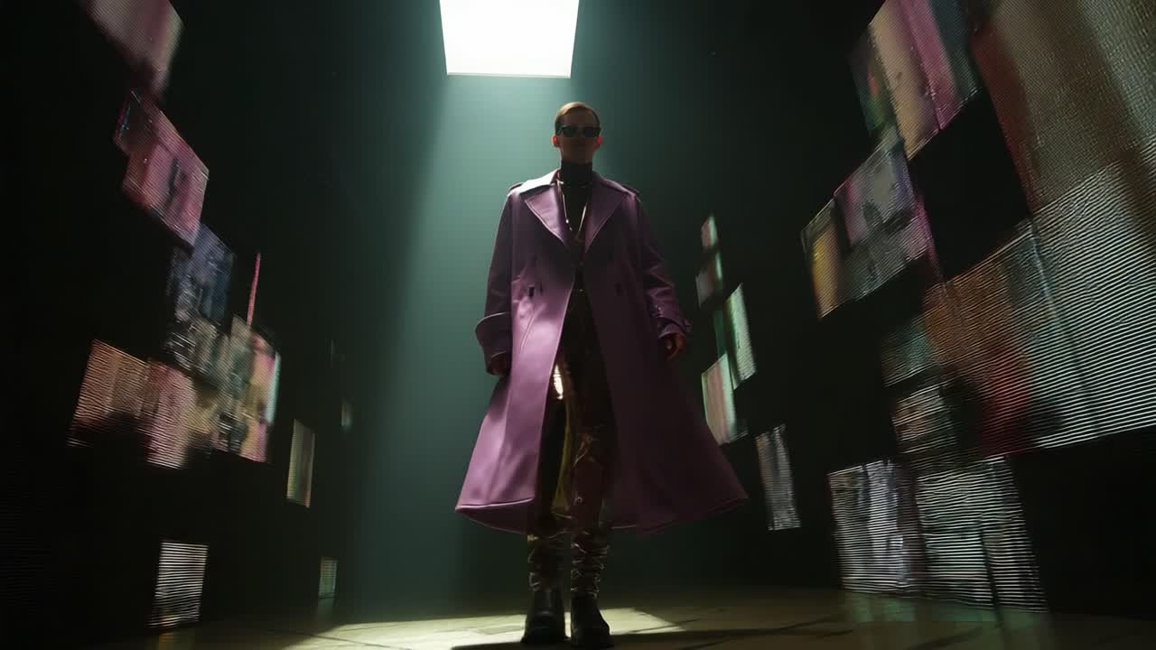 A striking figure emerges from a futuristic corridor, illuminated by dramatic lighting that enhances their stylish ensemble, showcasing a blend of modernity and high fashion with captivating visuals around them