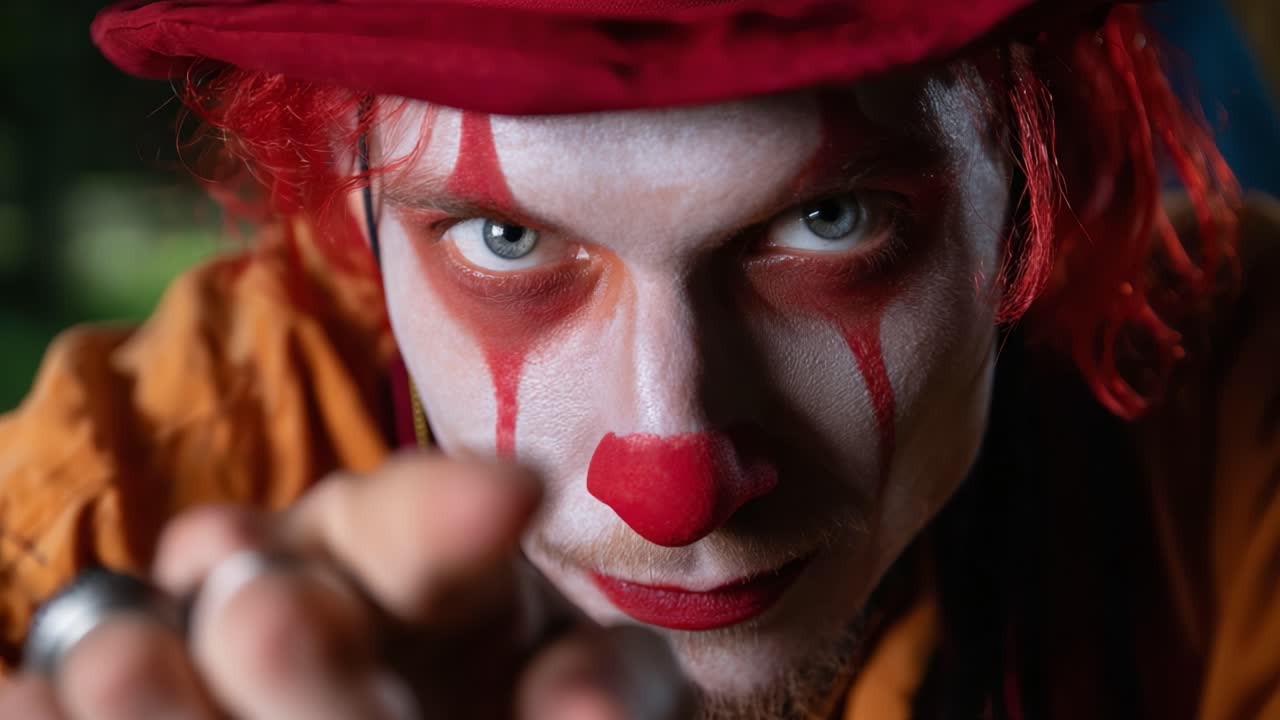 Intense Close-Up of a Clown with Distinctive Makeup and Expression, Capturing the Eerie Charm and Intrigue in an Engaging Artistic Performance Context