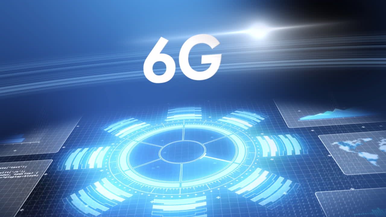 animación de texto de 6g, procesamiento de datos y alcance en pantallas sobre cuadrícula sobre fondo azul oscuro