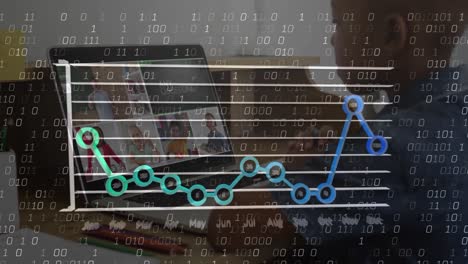 Animation-of-graphs-and-binary-code-over-african-american-boy-having-online-lessons-on-laptop