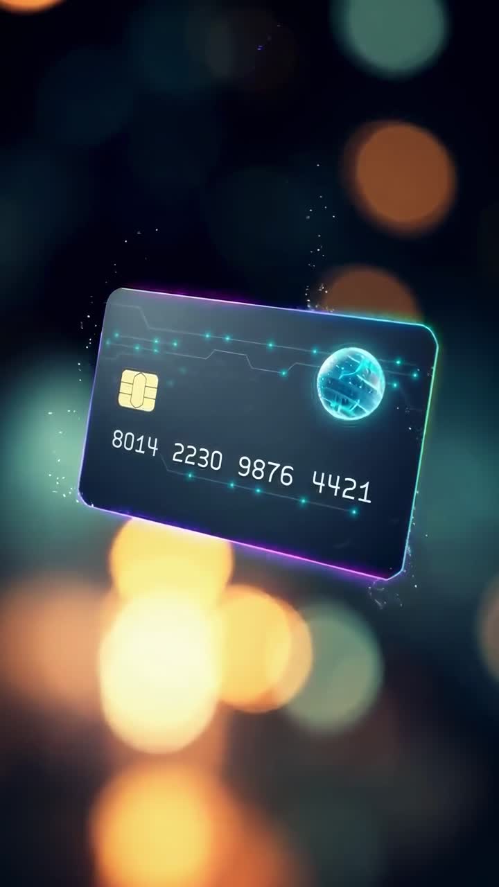 Futuristic Digital Credit Card with Glowing Edges and Bokeh Background