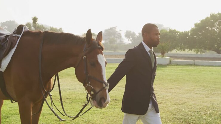 Uomo afroamericano che cammina con il suo cavallo da dressage