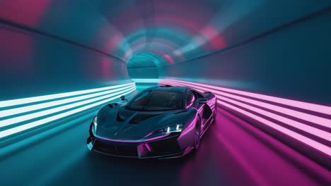 sleek sports car in a futuristic neon tunnel