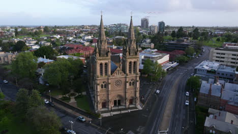 aerial view around the saint peter's cathedral, quiet, sunny morning in adelaide