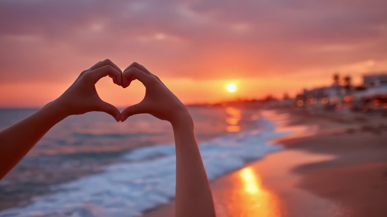 Un Bellissimo Tramonto sull'Oceano con Mani che Formano un Cuore, Simbolo di Amore e Unione in una Serena Scena Balneare.