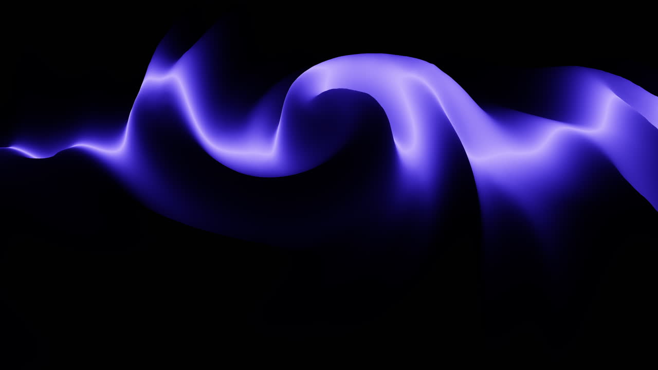 Glowing purple neon ribbon of light undulates across a dark black background, creating an abstract futuristic energy wave for technology, music, and motion design