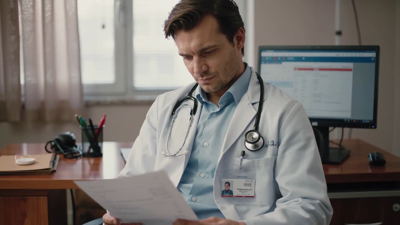 Picking up printed document, doctor in white coat leaning at clinic, scanning page with stethoscope