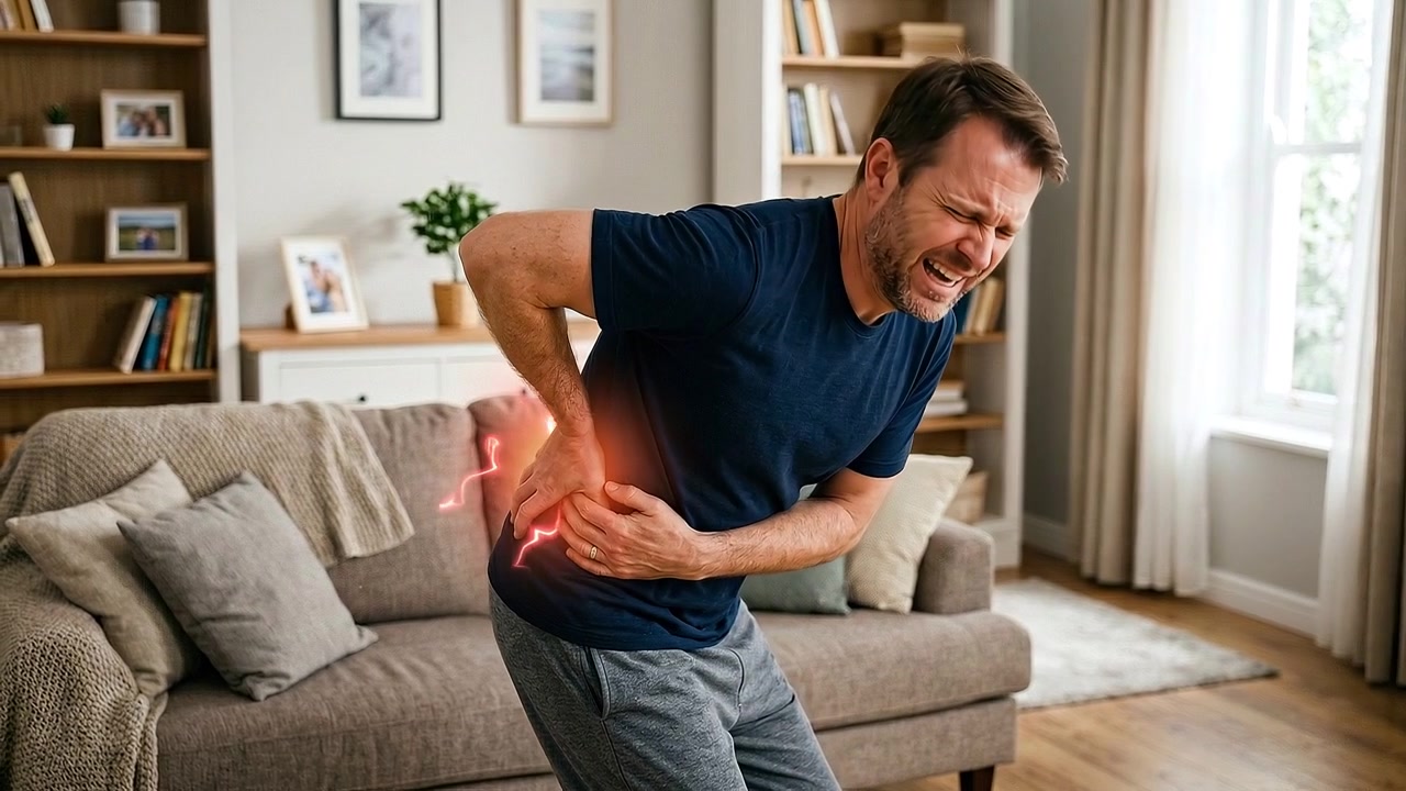 Seated man holding painful side and abdomen inside living room in realistic medical scene