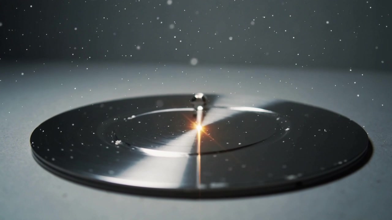 Shifting slightly, steel sphere rolling along brushed disc groove in studio, flare intensifying