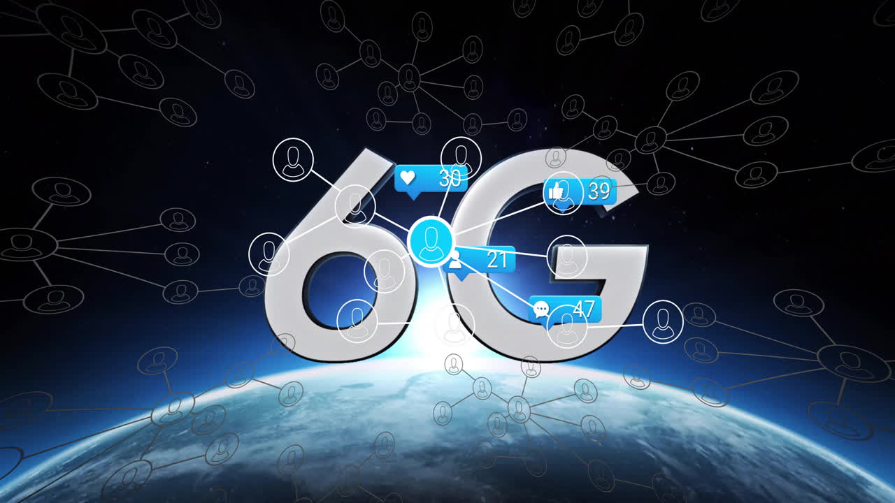 animación del concepto de red 6g sobre iconos de redes sociales y conexiones por encima de la tierra