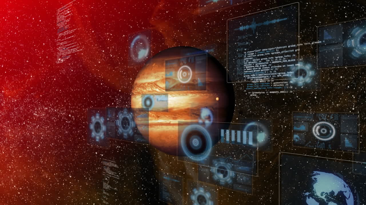Animation of futuristic interface elements and digital data on planet in outer space