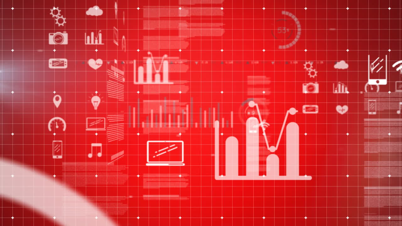 Animation of digital icons over grid on red background