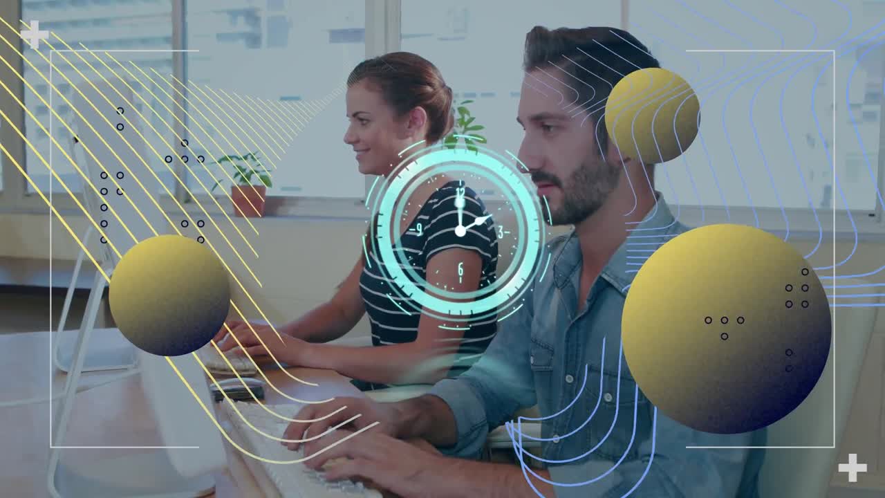 animación de reloj y moléculas sobre la gente studding