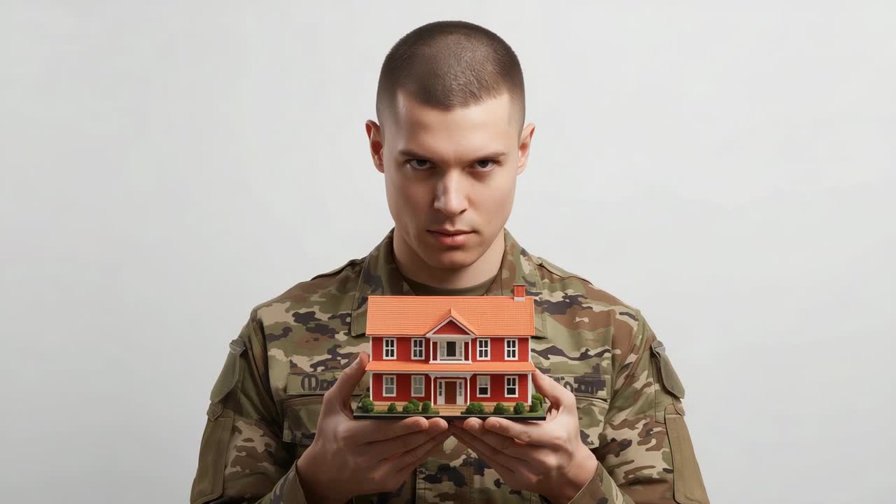 Cradling model house, soldier in camo uniform contemplating house model in studio, shifting gaze