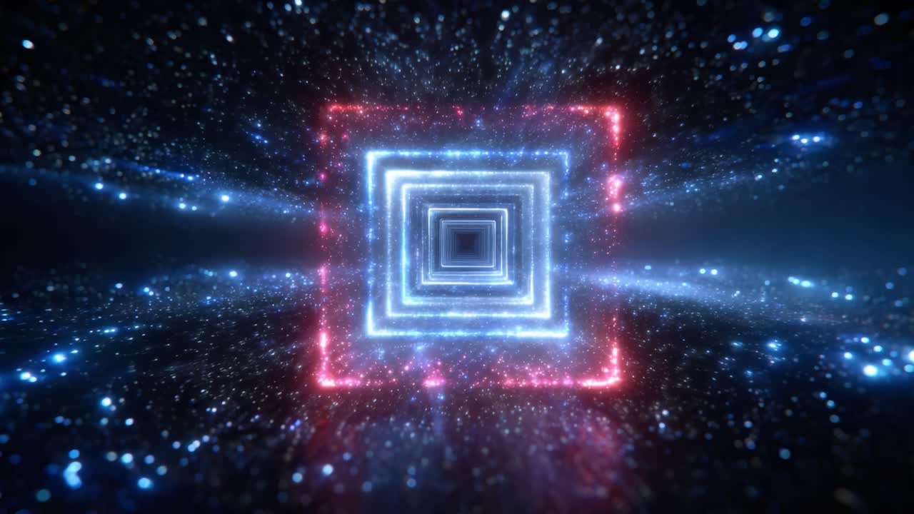 Un viaggio stupefacente attraverso dimensioni infinite: una rappresentazione astratta di luce ed energia in un tunnel ipnotico di quadrati colorati