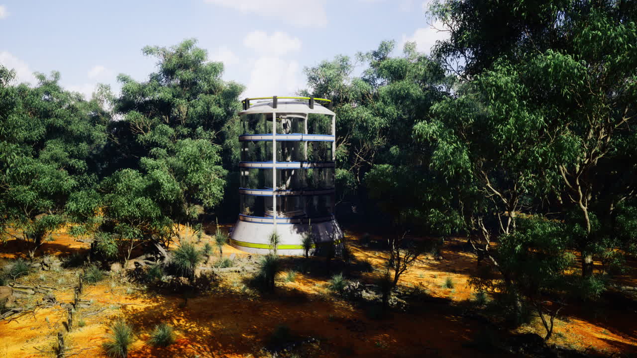 Unique modern structure surrounded by lush greenery in natural landscape